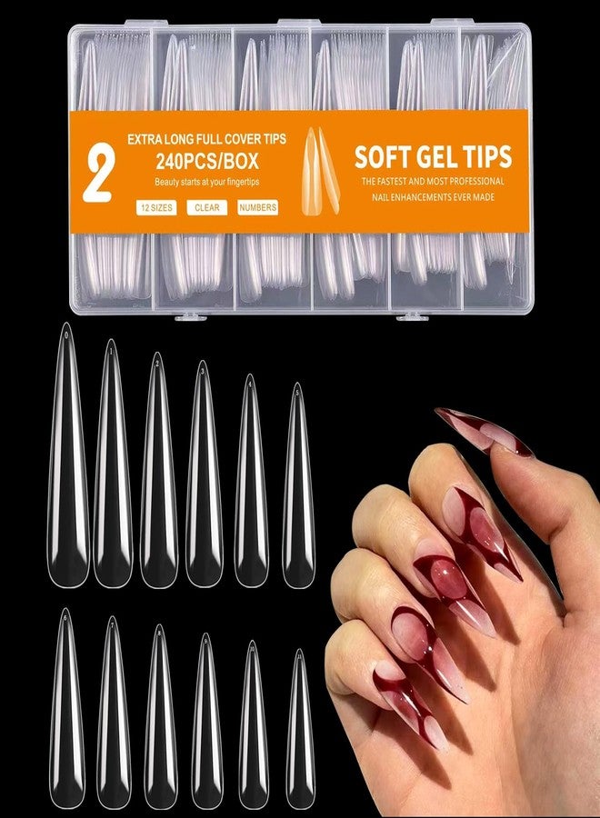 Dudjndjd 240PCS Extra Long Stiletto Nail Tips, 3XL Long Nail Tips Press On Nails, Full Cover No C Curve Stiletto Nails Tips Clear Artificial Acrylic Nails Tips for Salons Home DIY 12 Sizes - Image 1